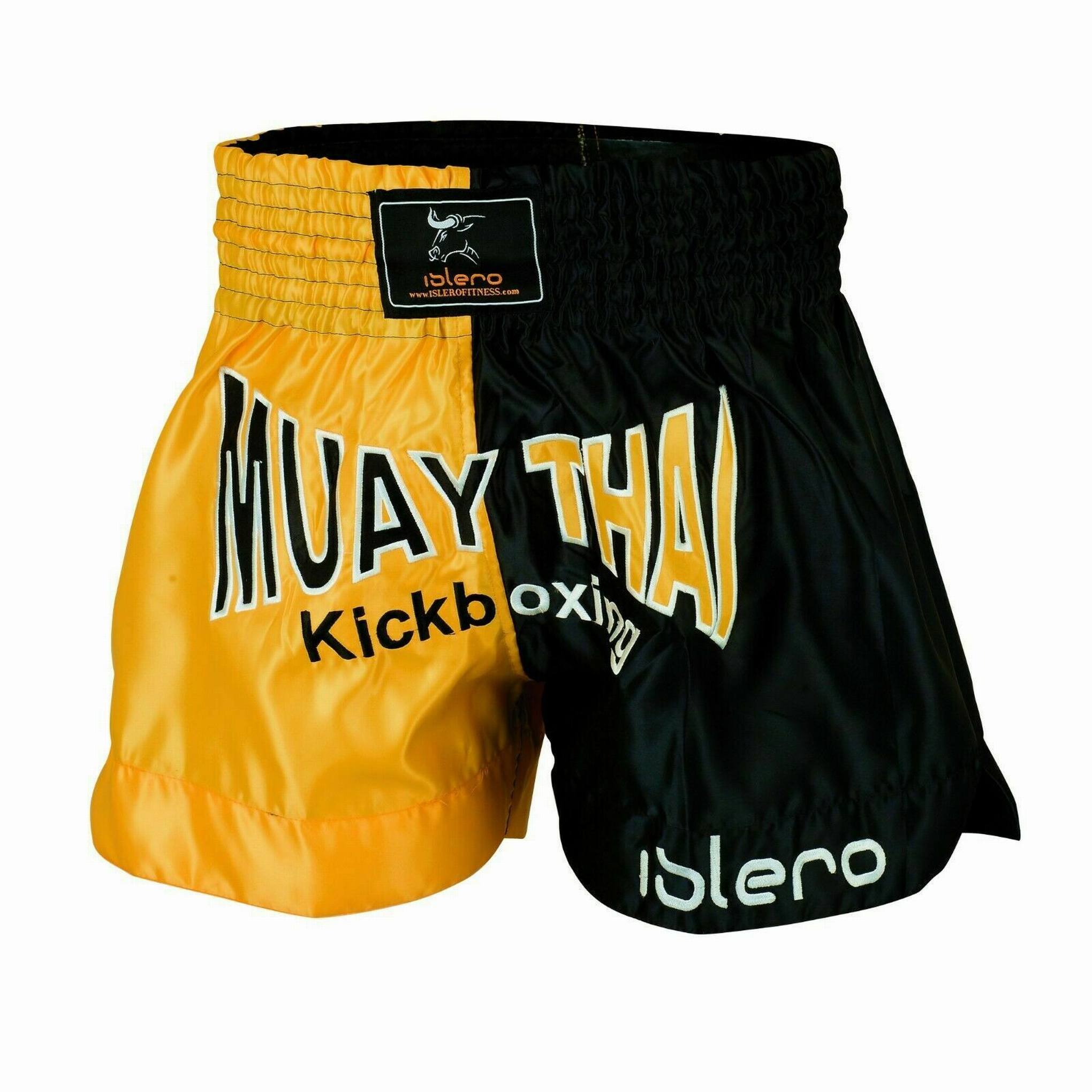 Pantalones Shorts Negros y amarillos Kick Boxing Muay Thai MMA