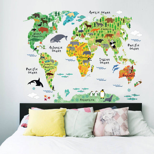 Vinilo AutoAdhesivo de Pared Mapa del Mundo Animales